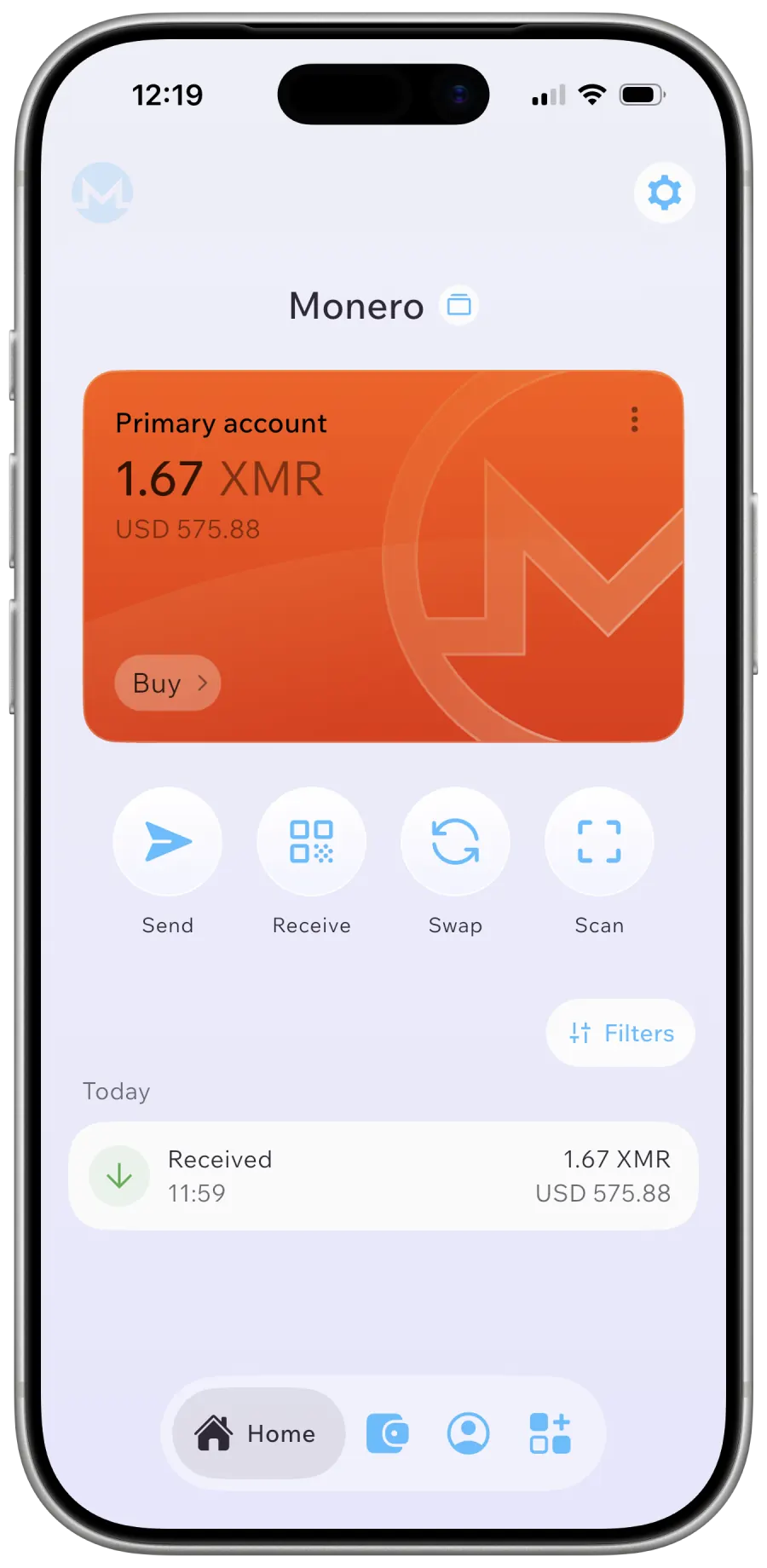 Cake Wallet mobile app Monero account screen
