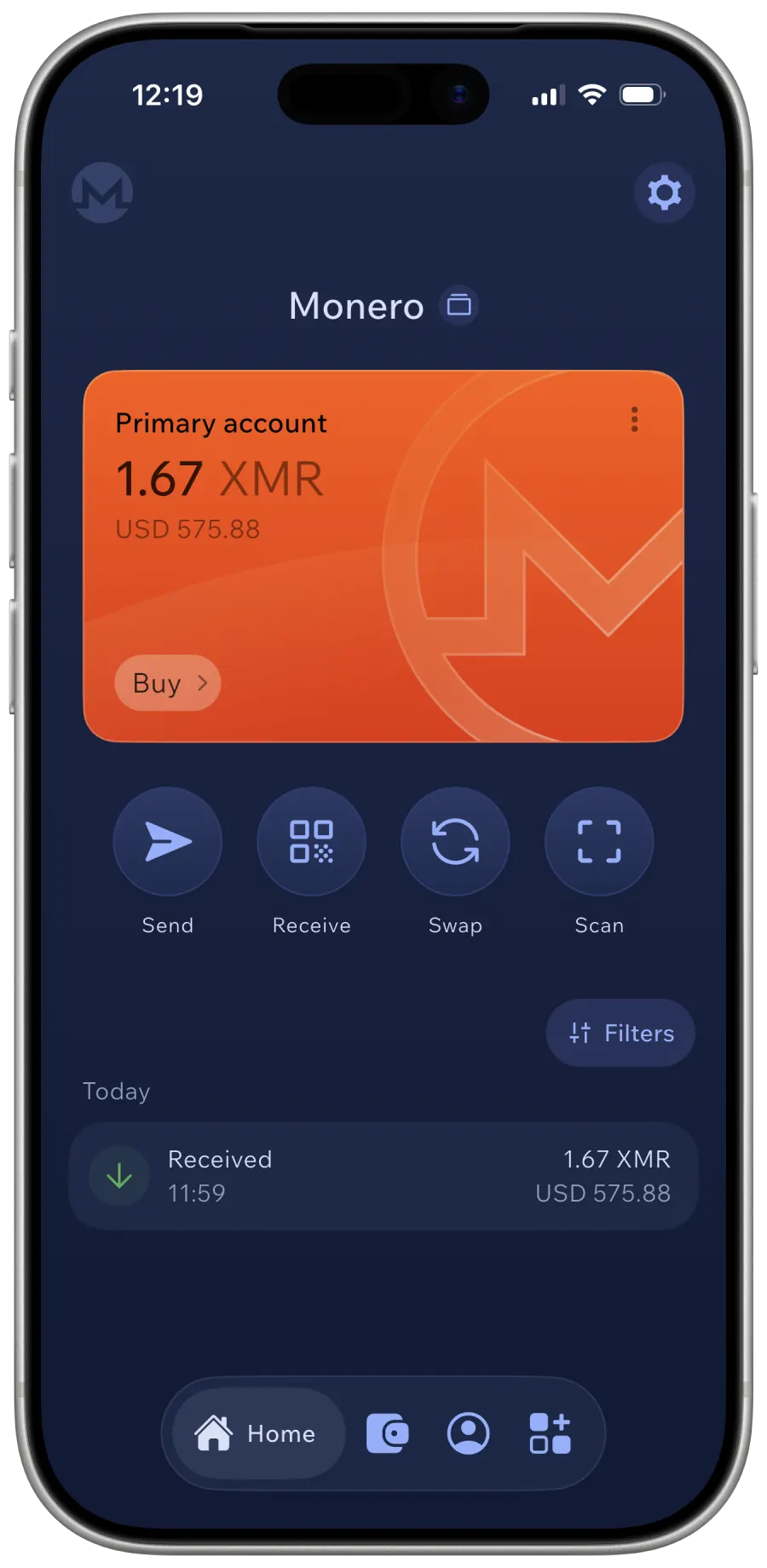 Cake Wallet mobile app Monero account screen